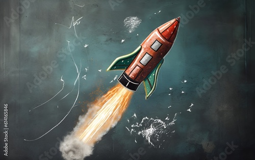 Drawing of a flying rocket on a blackboard with colored chalk