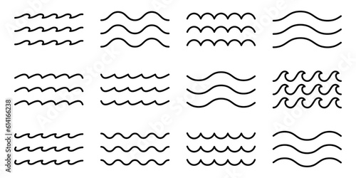 Set of line water waves icon. Sea waves vector illustration flat simple lines. Water logo, line ocean symbol in vector flat style. Ocean, sea waves symbols set. Wave line and wavy zigzag lines.