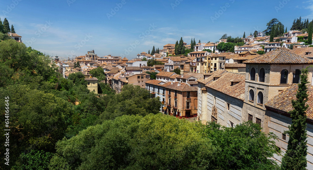 Aerial view of Carrera del Darro Street with Cathedral on background - Granada, Andalusia, Spain