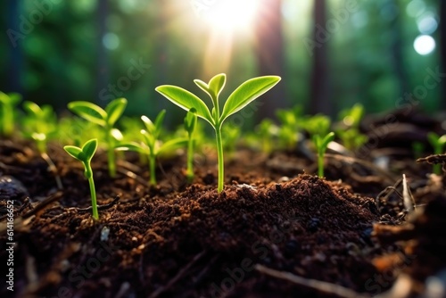 Young plants germinates in fresh soil. Generative AI