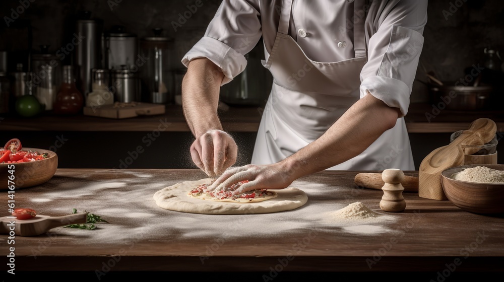 Rustic chef making pizza dough on dark background. Food preparation. Generative Ai Rustic chef making pizza dough on dark background. Food preparation. Generative Ai
