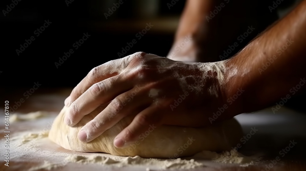 Rustic chef making pizza dough on dark background. Food preparation. Generative Ai