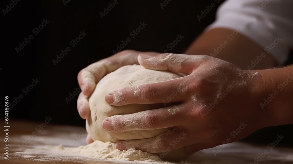 Rustic chef making pizza dough on dark background. Food preparation. Generative Ai Rustic chef making pizza dough on dark background. Food preparation. Generative Ai
