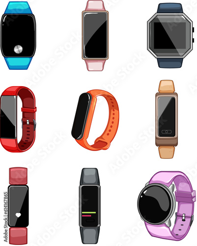 fitness bracelet set cartoon. watch smtracker, sport wearable, digital activity, smartwatch band fitness bracelet sign. isolated symbol vector illustration