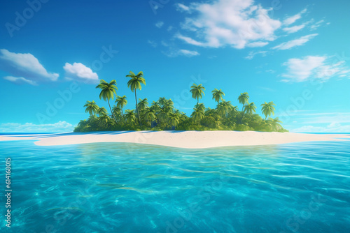 A blue ocean with a large green island in the middle, adorned with palm trees and lush green trees, and its sandy beach is yellow