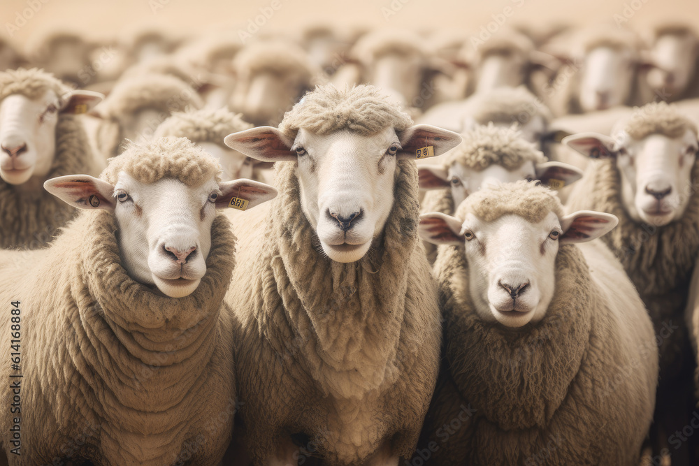 Obraz premium Flock of sheep staring in the same direction. Generative AI.