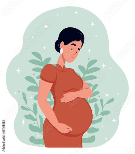 Chinese woman pregnant hugging her belly with her hands. Motherhood. Vector illustration in cute cartoon style.