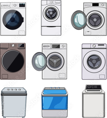 washing machine set cartoon. wash washer, clean household, home room, interior modern washing machine sign. isolated symbol vector illustration