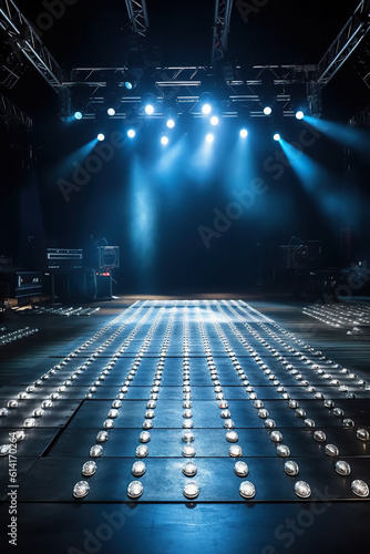 Illustration of a free stage with lights, lighting devices. Scene, stage light with colored spotlights. Bright stage lights and lasers. Realistic 3D illustration. Generative AI © Vagner Castro