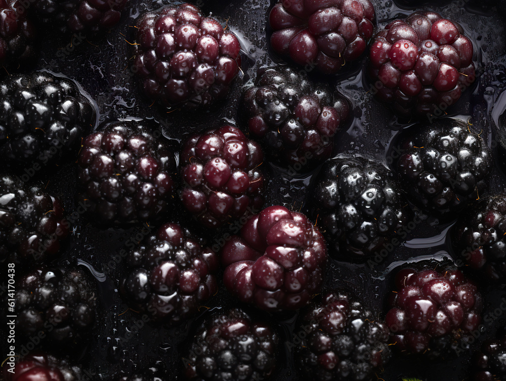 Close up of pile of ripe blackberries with stalks and leaves. Fresh ripe blackberries with water drops background berries backdrop. Healthy fruit. Realistic 3D illustration. Generative AI Close up of pile of ripe blackberries with stalks and leaves. Fresh ripe blackberries with water drops background berries backdrop. Healthy fruit. Realistic 3D illustration. Generative AI