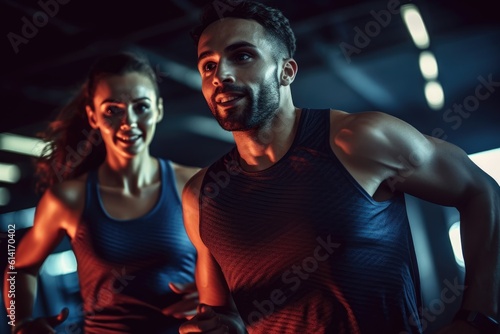 A young couple exercising together at a gym. Generative AI © Mustafa