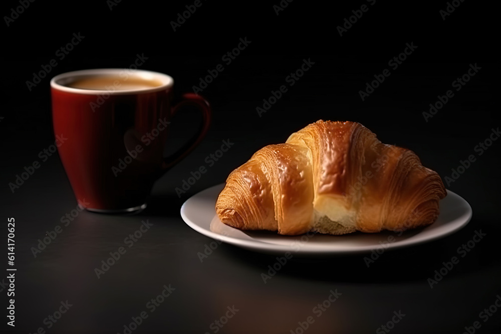 cup of coffee and croissants isolated on a black background. Created with Generative AI Technology cup of coffee and croissants isolated on a black background. Created with Generative AI Technology
