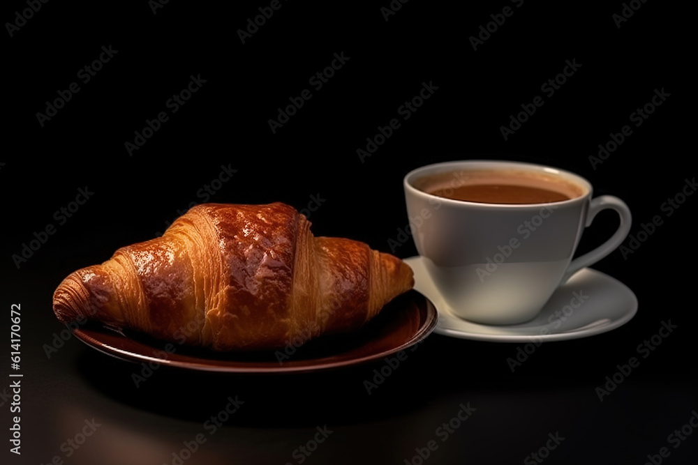 cup of coffee and croissants isolated on a black background. Created with Generative AI Technology cup of coffee and croissants isolated on a black background. Created with Generative AI Technology