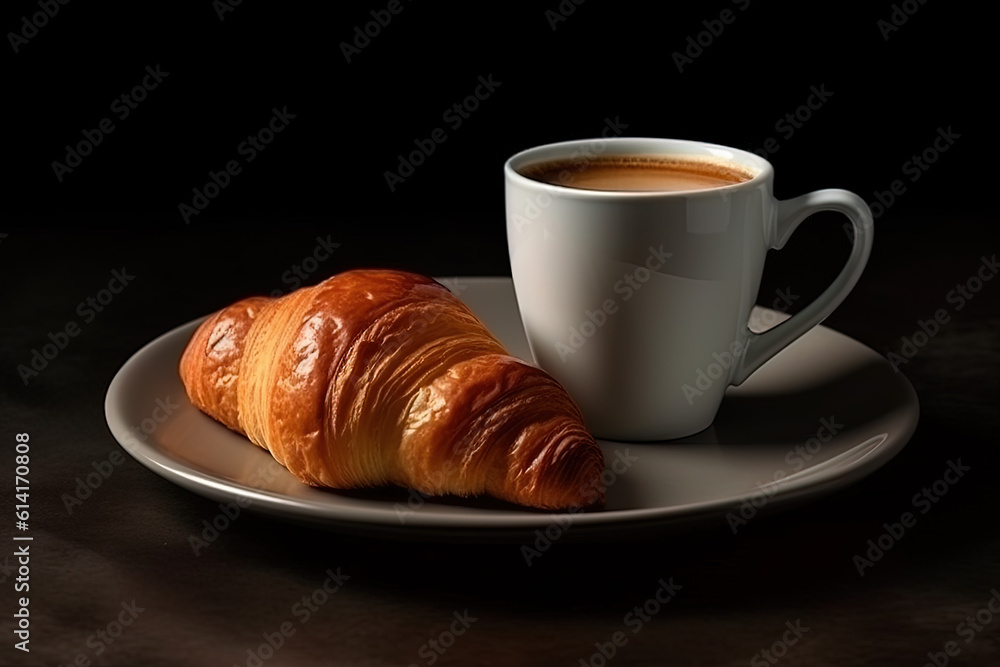 cup of coffee and croissants isolated on a black background. Created with Generative AI Technology cup of coffee and croissants isolated on a black background. Created with Generative AI Technology