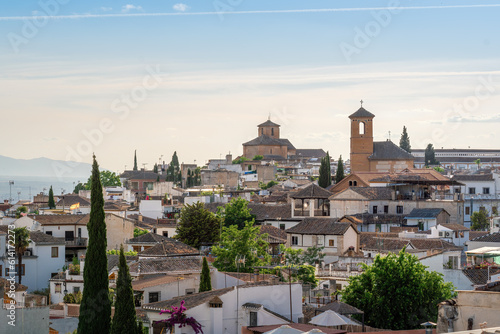 Aerial view of Church of San Bartolome and Church of San Cristobal - Granada, Andalusia, Spain
