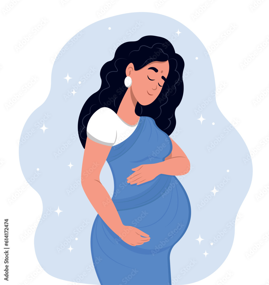 Indian pregnant woman hugging her belly with her hands. Motherhood. Vector illustration in cute cartoon . Indian pregnant woman hugging her belly with her hands. Motherhood. Vector illustration in cute cartoon .