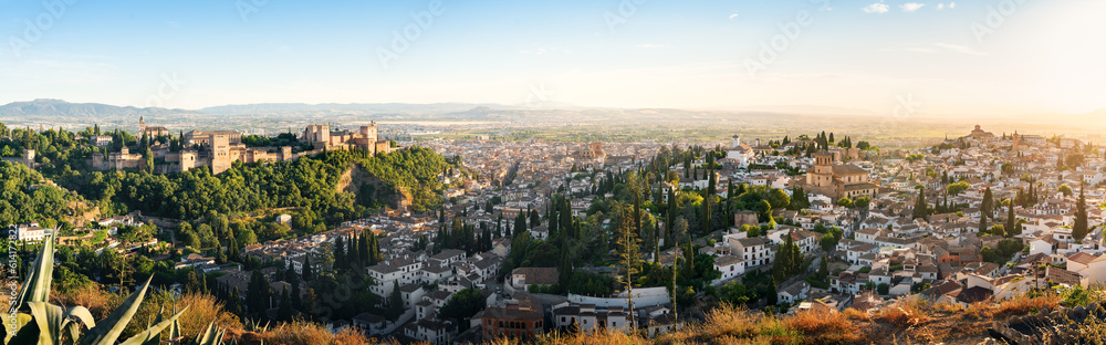 Panoramic aerial view of Granada Hills with Alhambra at sunset - Granada, Andalusia, Spain