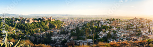 Fototapeta Naklejka Na Ścianę i Meble -  Panoramic aerial view of Granada Hills with Alhambra at sunset - Granada, Andalusia, Spain