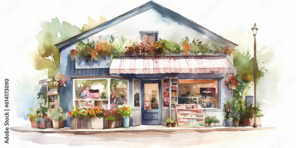 Beautiful and lovely street grocery store, watercolor effect