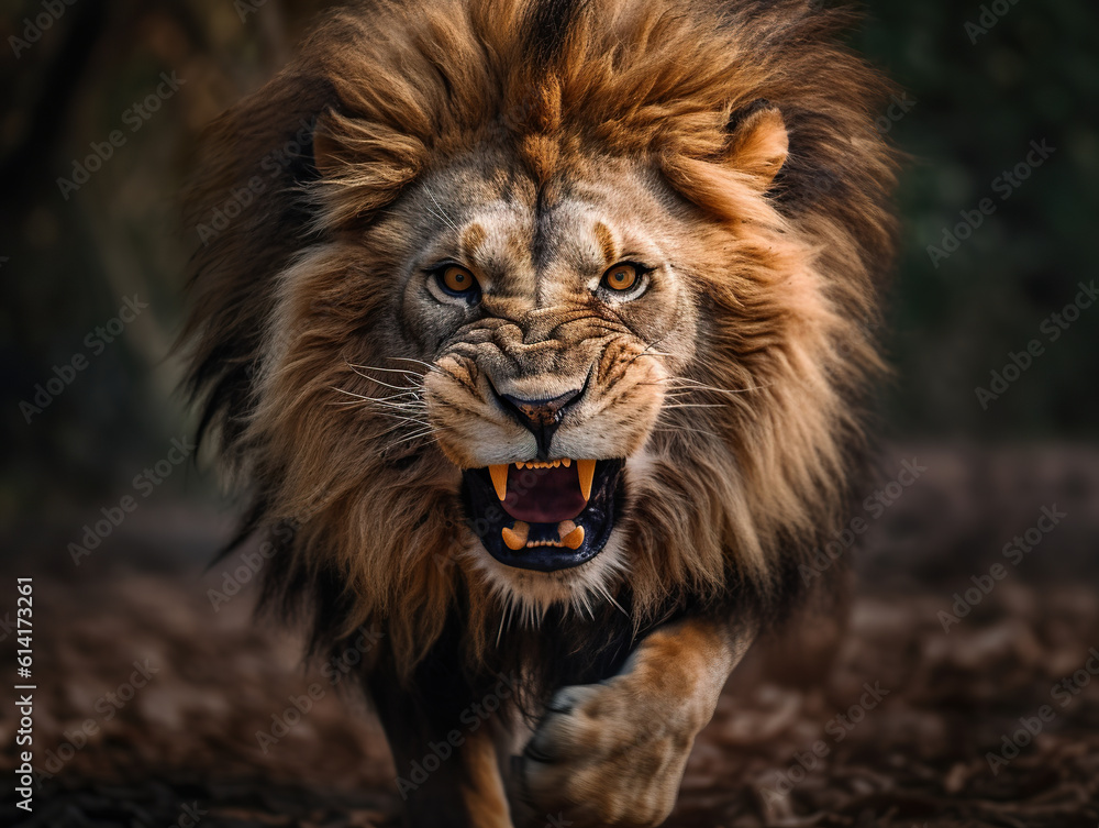 Fototapeta premium Furious lion portrait with intense eyes and big teeth. Lion head with grunge effect abstract lion portrait. Award-winning wildlife image. Realistic 3D illustration. Generative AI