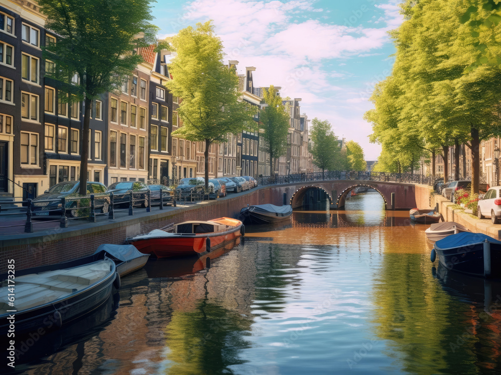 Colorful image of the canals of Amsterdam in the summertime