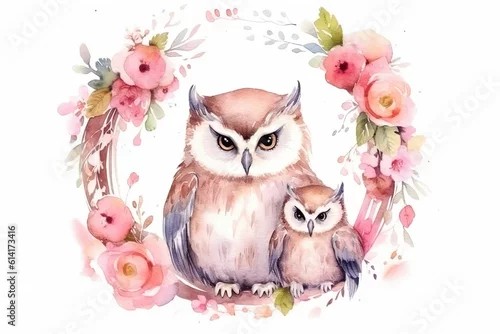 Obraz Cute mom and baby owl with flower wreath painted in watercolor on a white isolated background. Generative AI