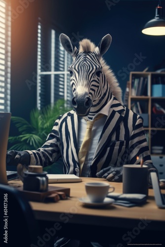 Fashion photography of a anthropomorphic Zebra dressed as businessman clothes in office