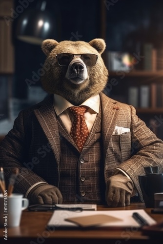 Fashion photography of a anthropomorphic bear dressed as business woman clothes in office