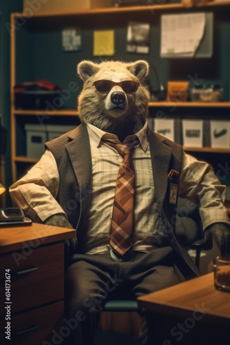 Fashion photography of a anthropomorphic bear dressed as business woman clothes in office