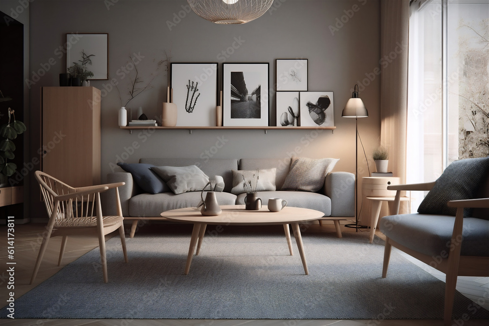 Fototapeta premium A minimalist design with a comfortable light tone living room interior