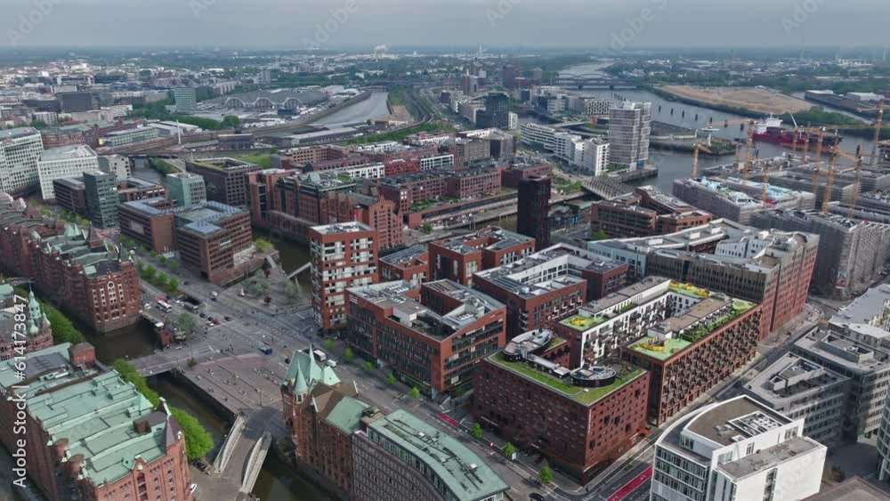 Drone shot of Modern architecture buildings in HafenCity , Hamburg , Germany Drone shot of Modern architecture buildings in HafenCity , Hamburg , Germany