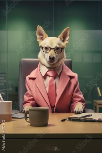 Fashion photography of a anthropomorphic dog dressed as businessman clothes in office,