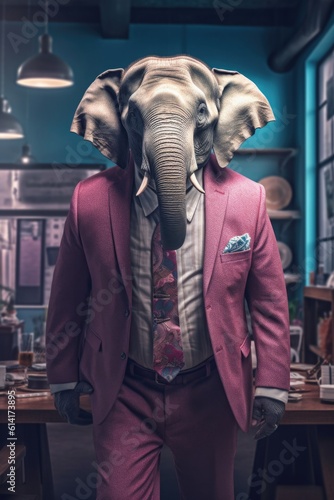Fashion photography of a anthropomorphic Elephant dressed as businessman clothes in office