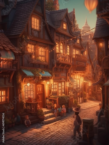 Beautiful and lovely traditional Chinese style walled city  cartoon effect