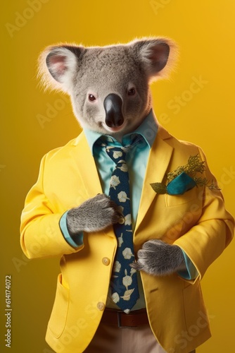 Fashion photography of a anthropomorphic Koala dressed as businesswoman clothes in office,