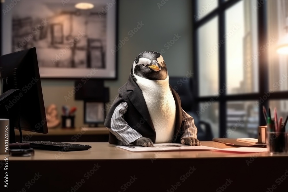 Fashion photography of a anthropomorphic Penguin dressed as business woman clothes in office - obrazy, fototapety, plakaty 