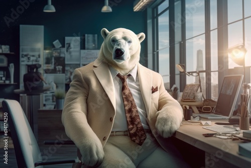 Fashion photography of a anthropomorphic Polar bear dressed as businessman clothes in office