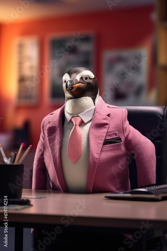 Fashion photography of a anthropomorphic Penguin dressed as business woman clothes in office