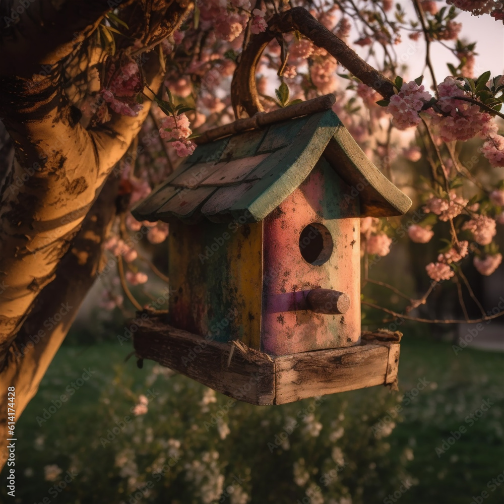 Closeup cute wooden bird house on a tree in the garden with beautiful sunlight Closeup cute wooden bird house on a tree in the garden with beautiful sunlight
