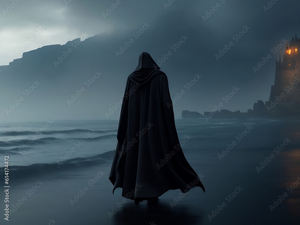 a person wearing a long black robe was walking on the sea, there was a bit of light in the sky