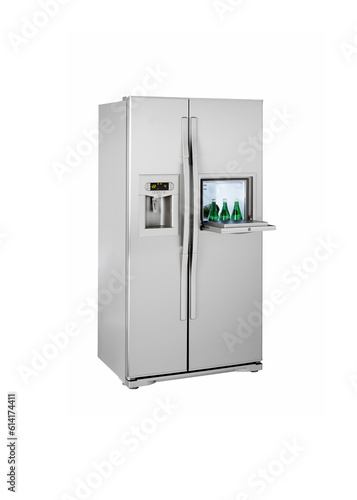 refrigerator, freezer with water dispenser on white