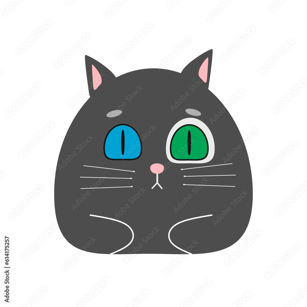 Black cat with different color eyes. Vector icon. Simple flat vector illustration of cute kitten with blue and green eye. 