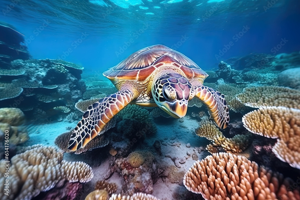 Obraz premium Sea turtle swims underwater on the background of coral reefs