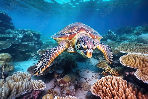 Sea turtle swims underwater on the background of coral reefs