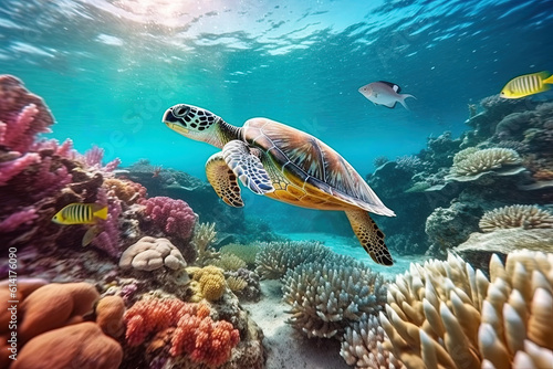 Sea turtle swims underwater on the background of coral reefs © dewaai