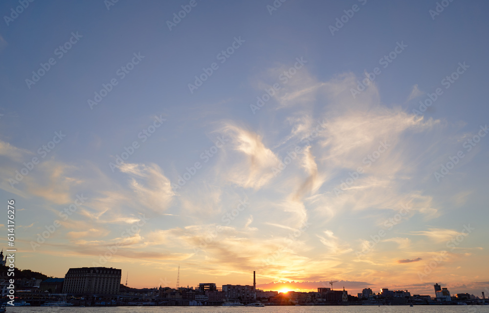View of Dnipro river and Kyiv city at sunset time, Ukraine.