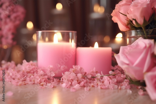 spa concept pink flowers roses and candle light in spa salon
