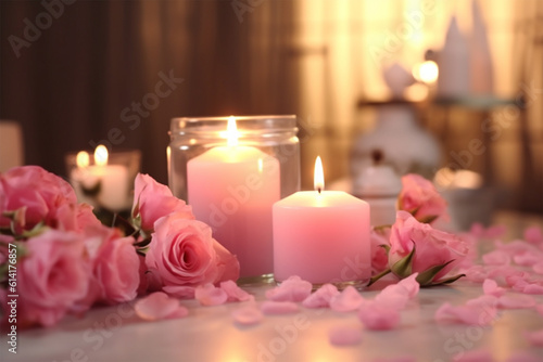 spa concept pink flowers roses and candle light in spa salon