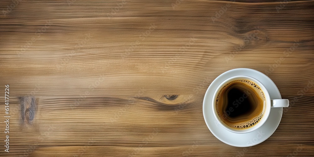 Minimalistic Workspace. White Coffee Cup on Top view Wooden Table Minimalistic Workspace. White Coffee Cup on Top view Wooden Table
