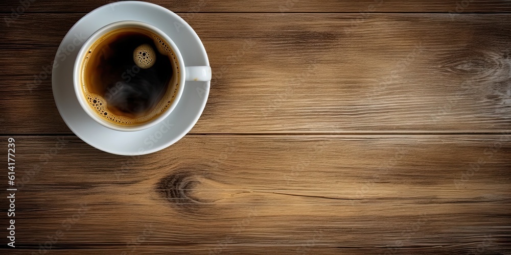 Obraz premium Minimalistic Workspace. White Coffee Cup on Top view Wooden Table